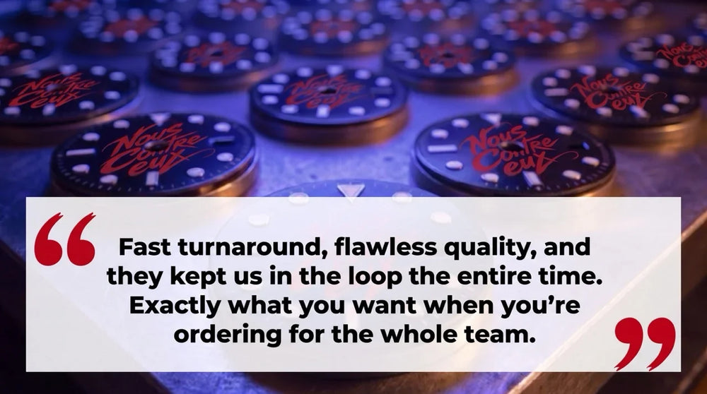 Client logo dials. Customer feedback: Fast turnaround, flawless quality, and they kept us in the loop the entire time. Exactly what you want when you’re ordering for the whole team.