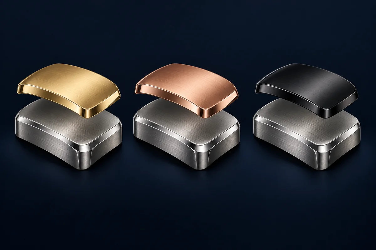 Three alternative finishes above steel: gold electroplating, rose-gold electroplating and black PVD. Conceptual layers enlarged for clarity.